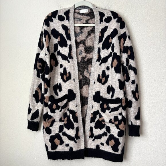 Altar'd State Boho Cozy Leopard Printed Open Front Longline Cardigan Sweater - Picture 1 of 10